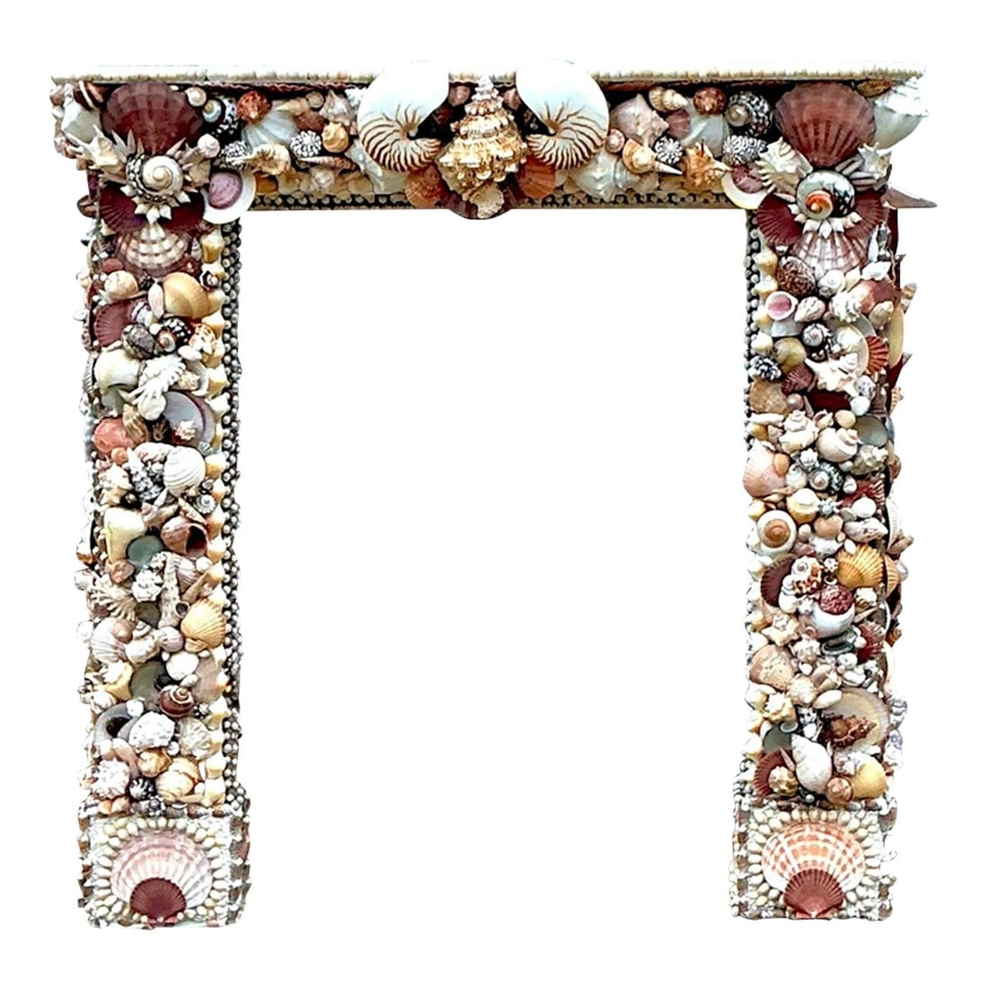 Shell Adorned Bohemian Fireplace Mantel Vintage Coastal Decor 51 x 14.25 x 49: Shell Adorned Bohemian Fireplace Mantel Vintage Coastal Decor 51 x 14.25 x 49 This vintage Boho fireplace surround is meticulously encrusted with a diverse array of natural seashells, including conchs