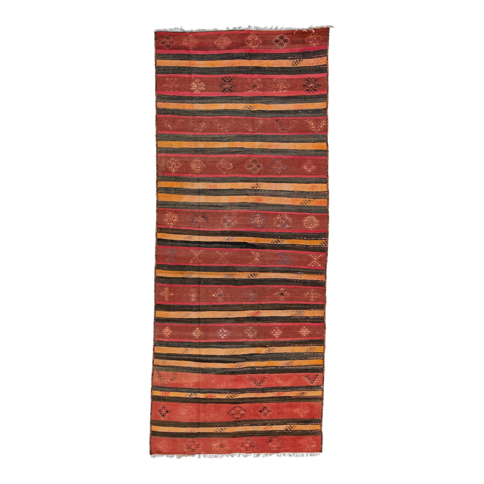 Vintage Turkish Kilim Red Wool Rug 3'7 x 8'10 Tribal Design: Vintage Turkish Kilim Red Wool Rug 3'7 x 8'10 Tribal Design Enhance your space with this stunning vintage Turkish Kilim rug, crafted from hand-knotted wool. Featuring a vibrant red field adorned with 
