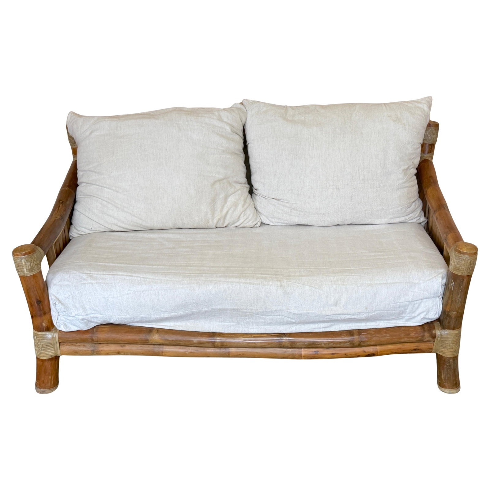 1970s Coastal Bamboo Sofa with Woven Leather Accents (1 of 12)