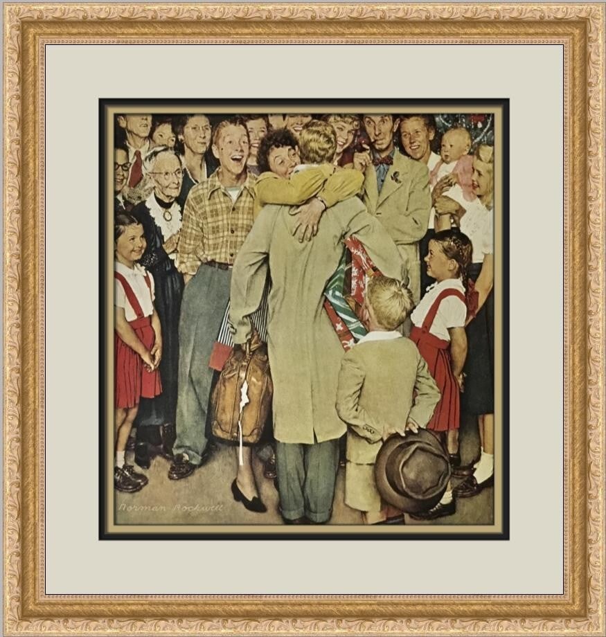 Framed Homecoming Offset Lithograph by Norman Rockwell 17 in x 17 in: Framed Homecoming Offset Lithograph by Norman Rockwell 17 in x 17 in This is a pre-owned Norman Rockwell Homecoming open edition print, professionally custom framed and matted. The print is produced o