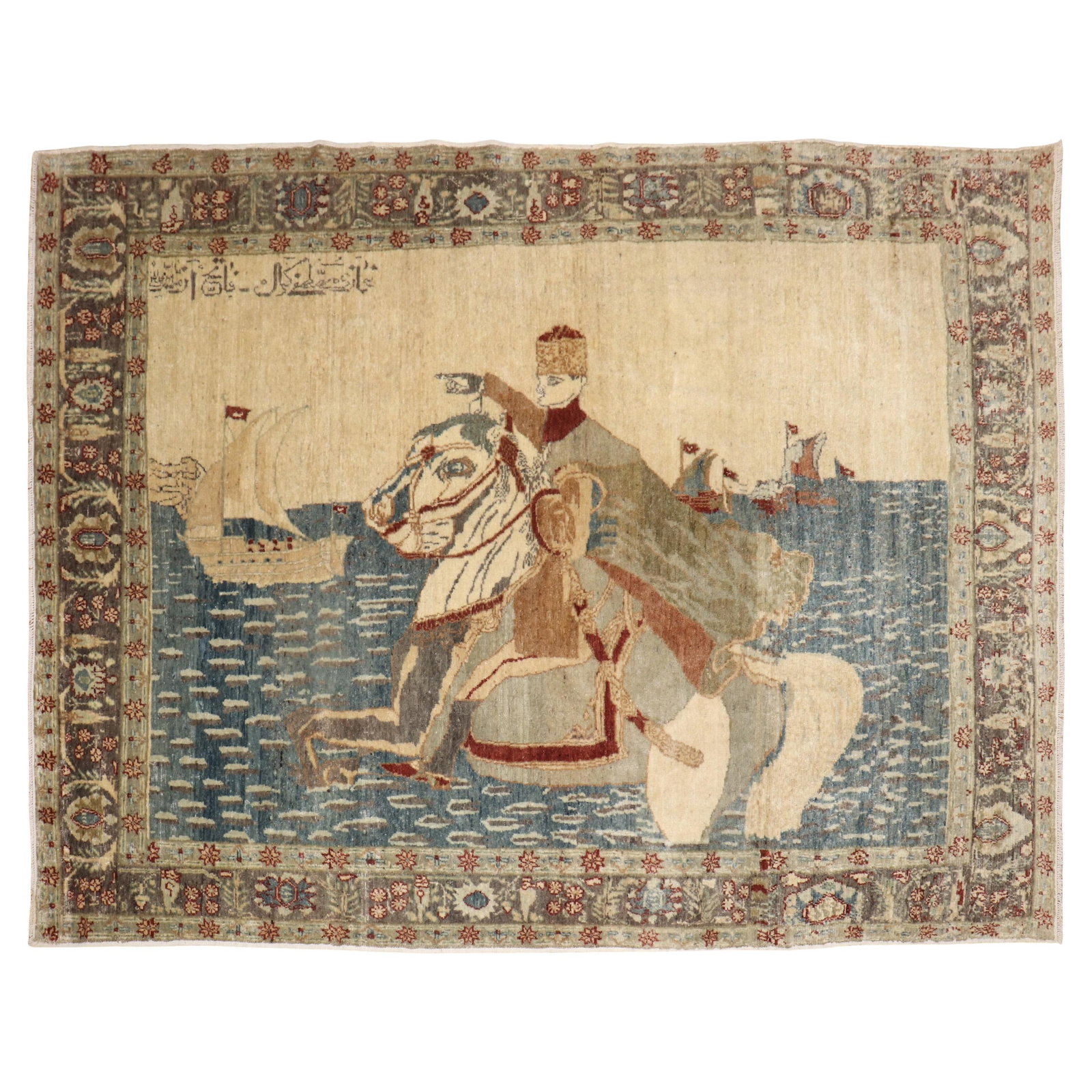 19th Century Turkish Sivas Horse Pictorial Rug Wool Hand-Woven: 19th Century Turkish Sivas Horse Pictorial Rug Wool Hand-Woven This exquisite late 19th-century Turkish Sivas pictorial rug features a captivating depiction of an emperor and a horse, embodying the ri