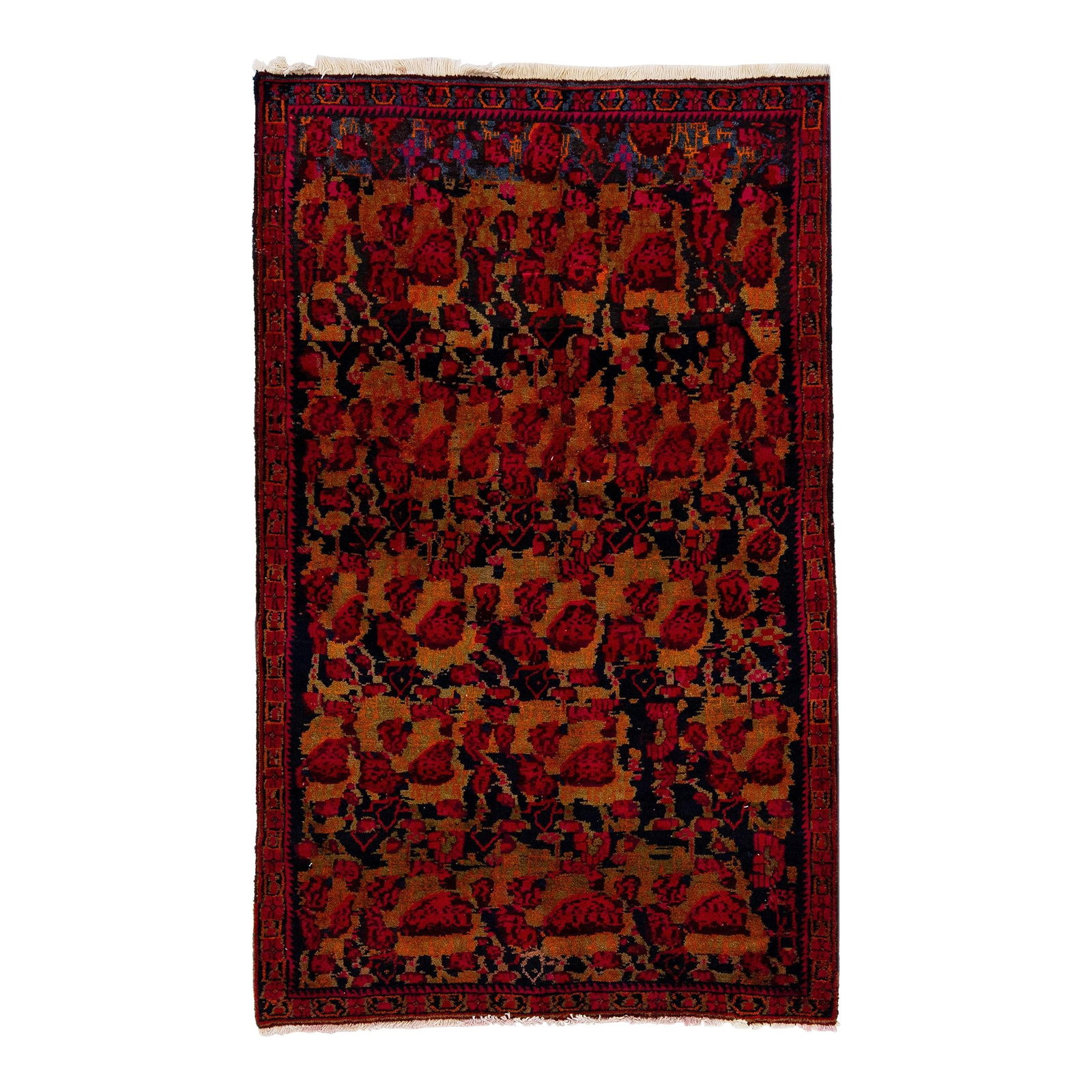 1960s Handmade Persian Shiraz Orange Wool Rug 3'9 x 6': 1960s Handmade Persian Shiraz Orange Wool Rug 3'9 x 6' This exquisite vintage Persian Shiraz rug showcases a vibrant orange color field, beautifully complemented by a red frame and multicolor accents 