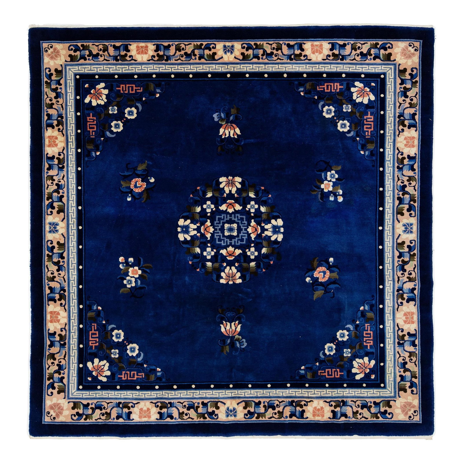 Antique Blue Wool Rug Square Handmade Art Deco Style 7' x 7'2": Antique Blue Wool Rug Square Handmade Art Deco Style 7' x 7'2" Enhance your living space with this stunning handmade square rug, featuring a rich navy blue center surrounded by a vibrant multicolored 