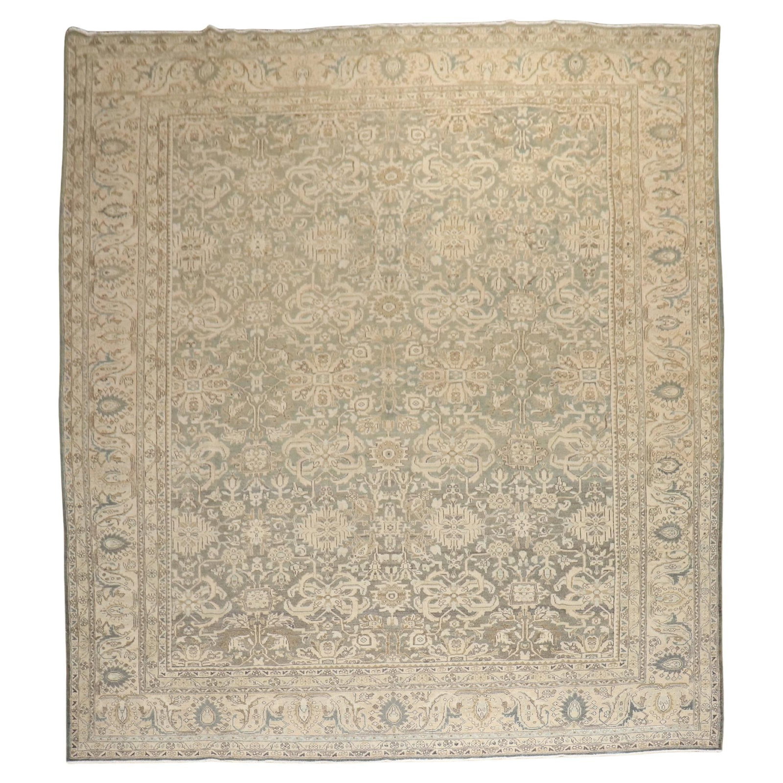 Antique 1930s Green Brown Persian Malayer Hand-Knotted Wool Rug 10'8 x 13'10: Antique 1930s Green Brown Persian Malayer Hand-Knotted Wool Rug 10'8 x 13'10 Discover the timeless elegance of this room-size Persian Malayer rug, crafted in the 1930s. The rug features a stunning pal