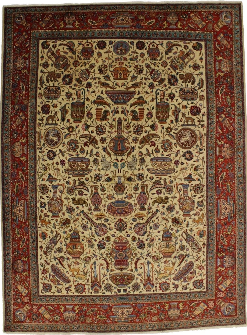 Vintage Wool Pictorial Area Rug Hand Knotted 10'1 x 13'8: Vintage Wool Pictorial Area Rug Hand Knotted 10'1 x 13'8 This semi-antique hand-knotted Oriental rug features a cream base with pictorial and traditional motifs in red, blue, yellow, khaki, medium bro
