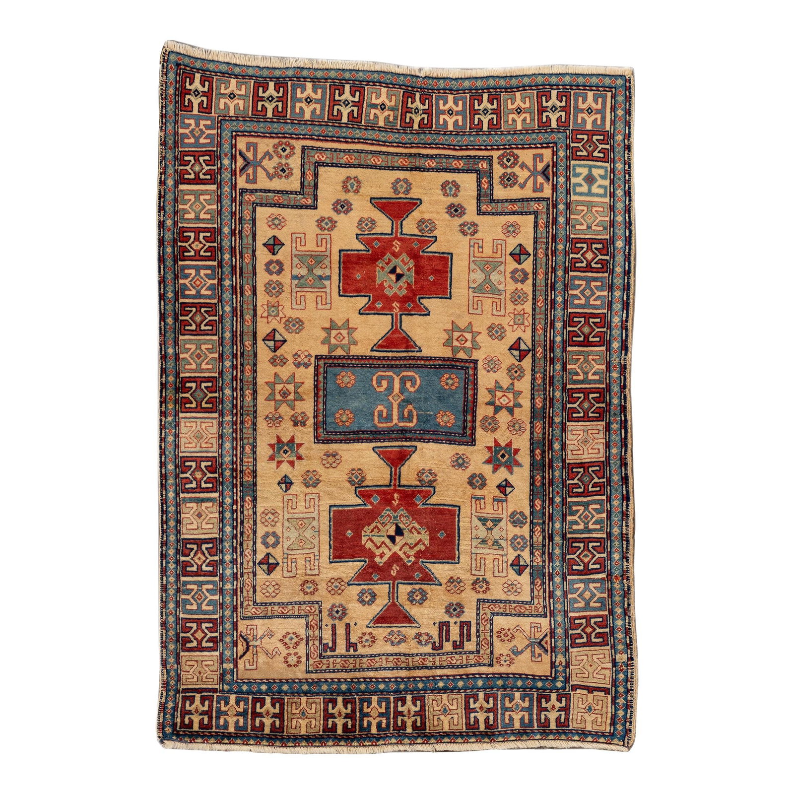 Vintage Persian Caucasian Beige Wool Rug 4'3" x 6" Geometric Design: Vintage Persian Caucasian Beige Wool Rug 4'3" x 6" Geometric Design This exquisite vintage Persian Caucasian rug showcases a hand-knotted wool construction with a soothing beige field and vibrant mult