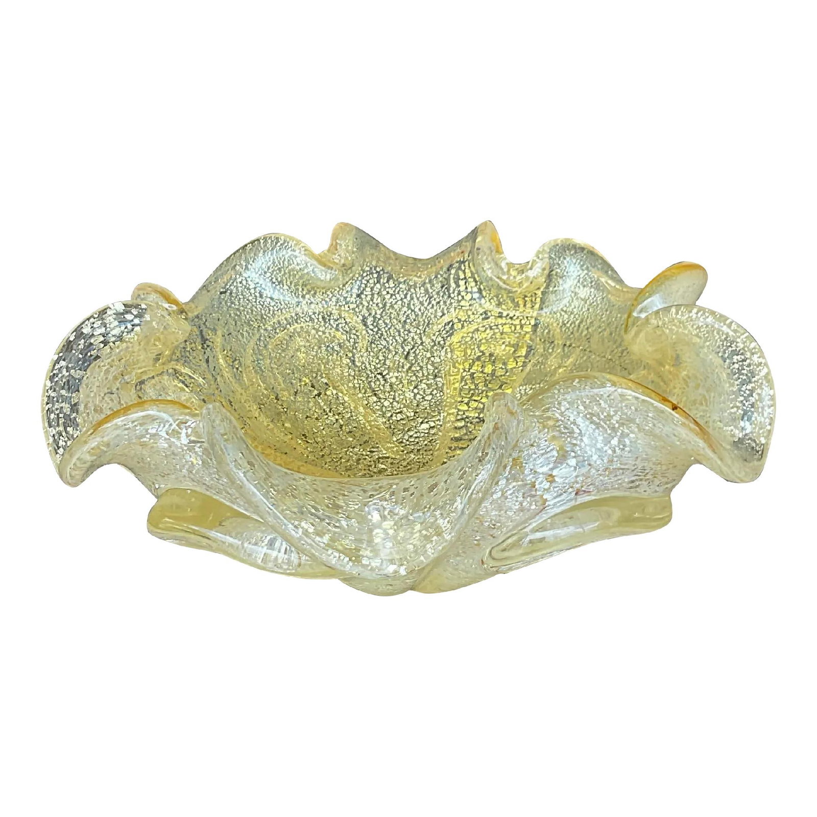 Vintage Goldenrod Blown Glass Bowl Italian Murano Style 8.25": Vintage Goldenrod Blown Glass Bowl Italian Murano Style 8.25" Discover the beauty of Italian craftsmanship with this Vintage Blown Glass Bowl, inspired by Murano artistry. This exquisite piece embodie