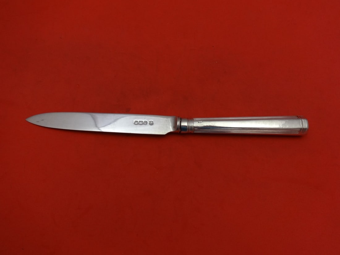 Unknown English Sterling Silver 8 Inch Fruit Knife: Unknown English Sterling Silver 8 Inch Fruit Knife This exquisite fruit knife features an all-sterling silver construction, showcasing a hollow handle design. Measuring 8 inches in length, it embodies