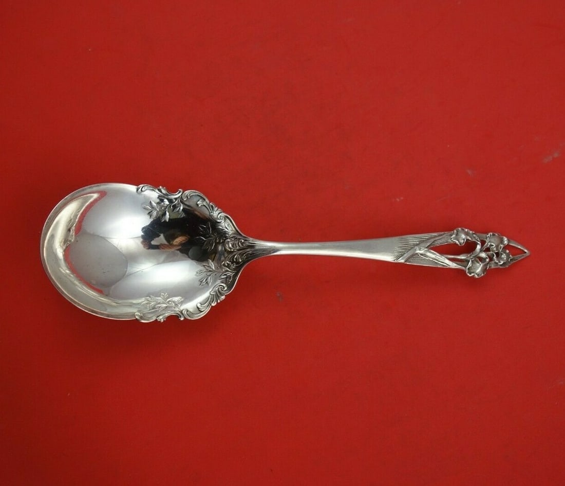 Shreve Iris Sterling Silver Berry Spoon 9 5/8 Inch Serving Piece: Shreve Iris Sterling Silver Berry Spoon 9 5/8 Inch Serving Piece This exquisite serving spoon is crafted from high-quality sterling silver and features the elegant Iris pattern by Shreve. Measuring 9 