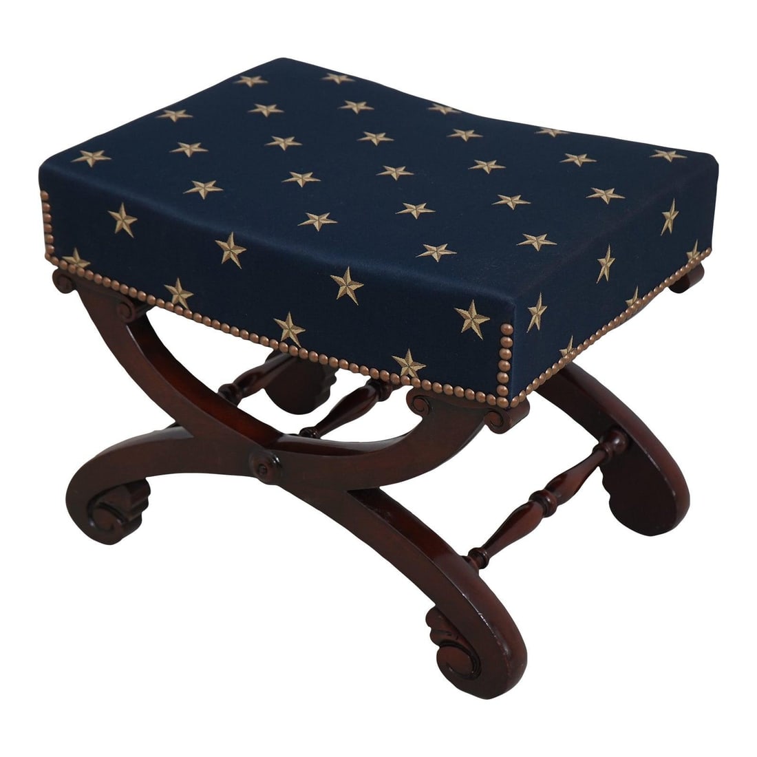 Federal style upholstered bench with gold star print and nailhead trim: Federal style upholstered bench with gold star print and nailhead trim This vintage Federal style bench features a sturdy wooden X-shaped base and has been updated with brand new blue upholstery adorn