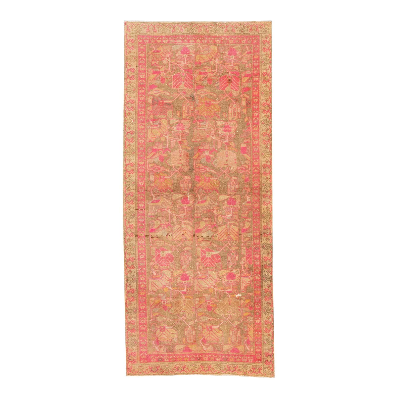 1940s Handmade Persian Malayer Wool Rug Floral Brown Pink Accents 4' x 9'4": 1940s Handmade Persian Malayer Wool Rug Floral Brown Pink Accents 4' x 9'4" This exquisite handmade vintage Persian Malayer rug features a beautifully hand-knotted design in a captivating brown color 