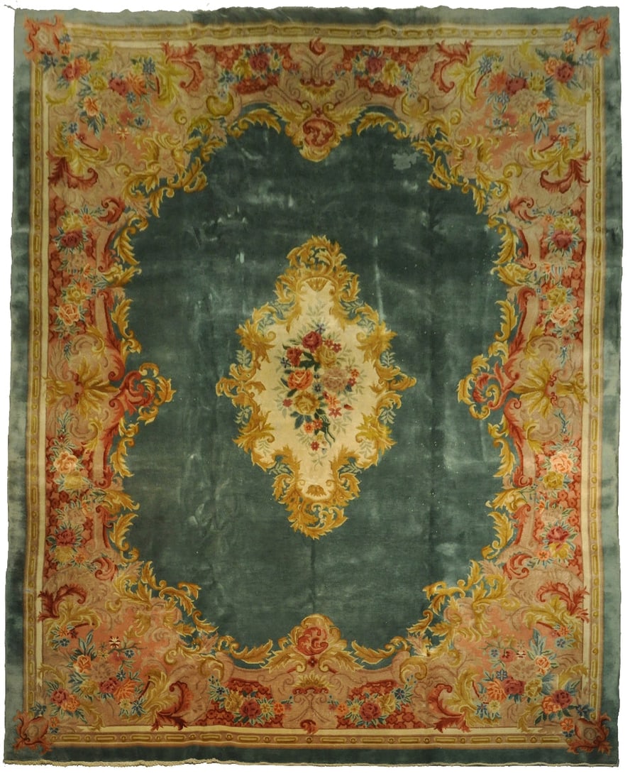 Handcrafted 11'5" x 14'3" Sea Green Wool Pile Aubusson Rug: Handcrafted 11'5" x 14'3" Sea Green Wool Pile Aubusson Rug Free continental US Shipping Elevate your home with the exquisite 11' 5" x 14' 3" Sea Green Semi Antique Wool Pile Aubusson Rug. This stunnin