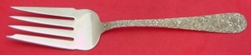 Kirk Repousse Sterling Silver Serving Fork 8 1/2: Kirk Repousse Sterling Silver Serving Fork 8 1/2 This is a sterling silver cold meat fork in the Repousse pattern by Kirk. Crafted in the United States, this serving fork measures 8 1/2 inches in leng