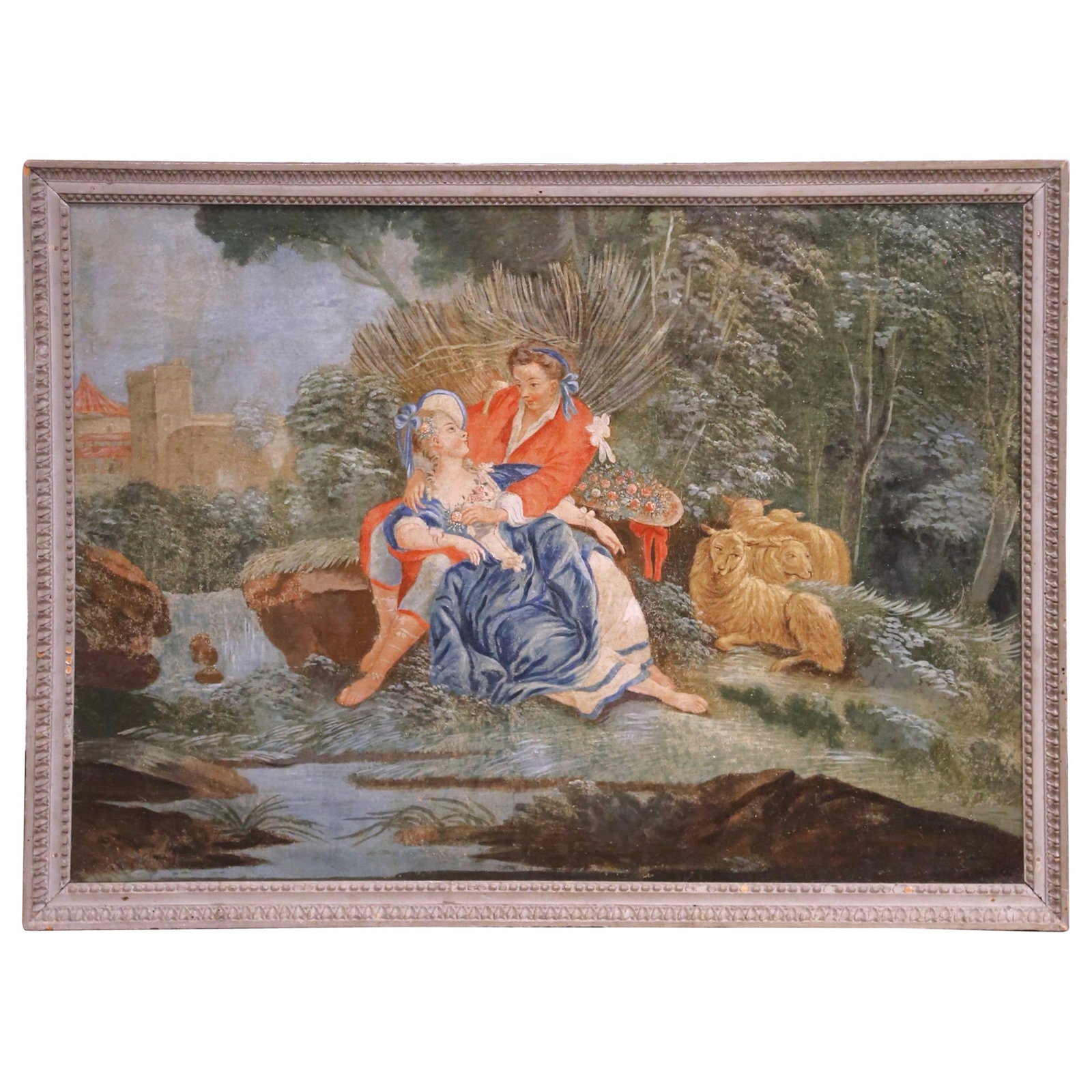 French Rococo Pastoral Courtship Canvas in Gray Beaded Frame: French Rococo Pastoral Courtship Canvas in Gray Beaded Frame This antique French Rococo painting, crafted circa 1760, features a romantic courtship scene set in a lush countryside. The hand-painted co