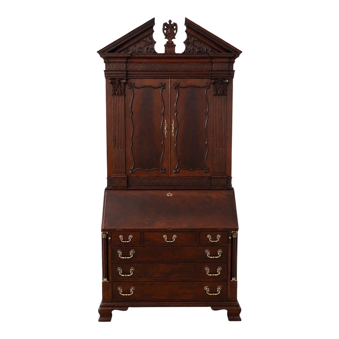 Mahogany secretary cabinet desk Henkel Harris 44.5w x 24.5d x 95h: Mahogany secretary cabinet desk Henkel Harris 44.5w x 24.5d x 95h Mahogany large document secretary desk with a fitted interior and key locking mechanism with key. This two-piece cabinet features adju