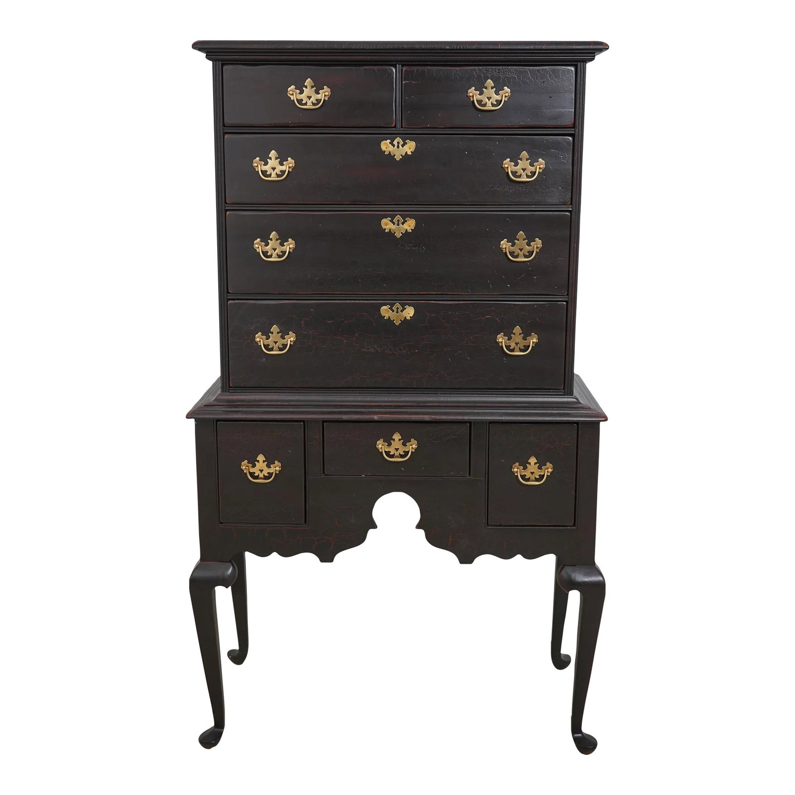 Thomasville Country Crackle Finish Highboy Dovetailed Wood Construction Replica: Thomasville Country Crackle Finish Highboy Dovetailed Wood Construction Replica This Thomasville Replicas Country Highboy showcases a stunning black painted crackle finish with rich red undertones, em