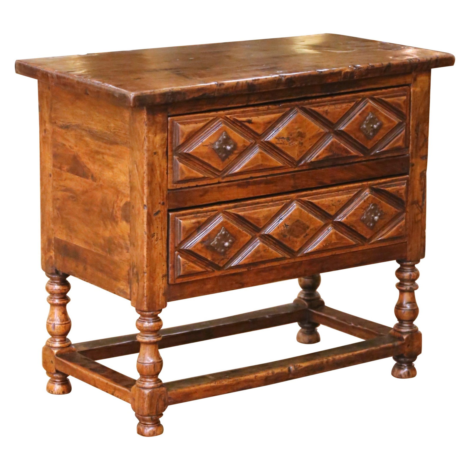 Spanish Louis XIII Walnut Chest with Diamond Carved Drawers circa 1870: Spanish Louis XIII Walnut Chest with Diamond Carved Drawers circa 1870 This mid-19th century Spanish walnut chest, crafted circa 1870 in the Louis XIII style, features a rectangular case with two deep
