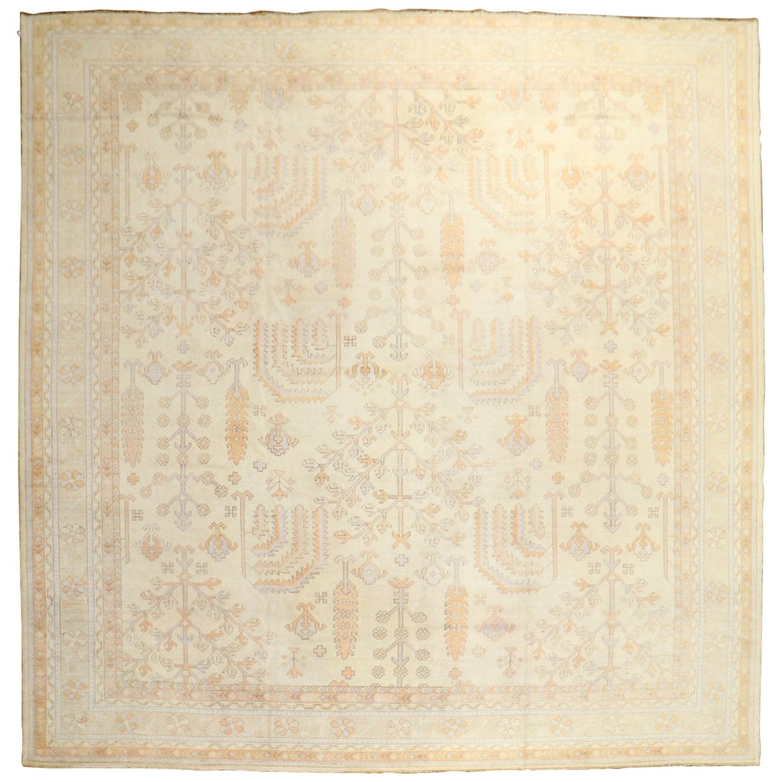 Antique Turkish Oushak Rug 11'1" x 12'8" Wool Hand-Woven: Antique Turkish Oushak Rug 11'1" x 12'8" Wool Hand-Woven Discover this stunning early 20th-century Turkish Oushak rug, featuring an elegant willow tree motif set against a soft ivory background. Hand-