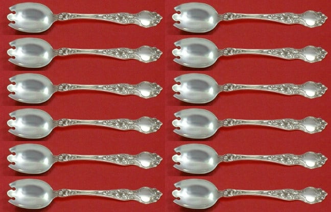 Wallace Violet Sterling Silver Ice Cream Fork Set 12 pcs 6": Wallace Violet Sterling Silver Ice Cream Fork Set 12 pcs 6" Indulge in elegance with this exquisite 12-piece set of Violet by Wallace sterling silver ice cream dessert forks. Each fork, measuring 6 in