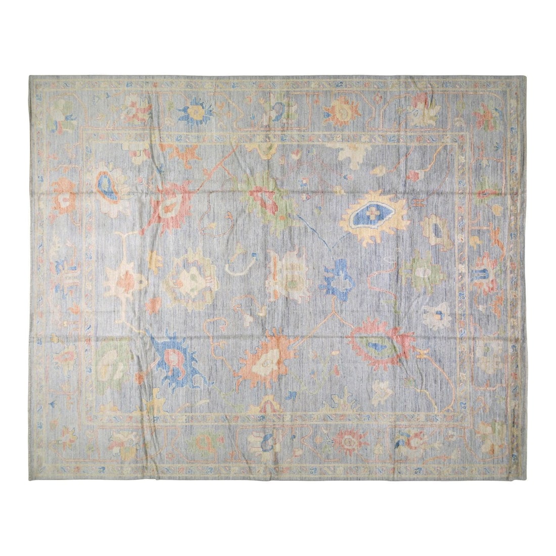 11'7 x 14'6 wool floral rug in Oushak design hand knotted: 11'7 x 14'6 wool floral rug in Oushak design hand knotted This Oushak hand knotted wool rug features a floral design in natural colors and a fine weave. The rug is crafted from wool and comes in a lig