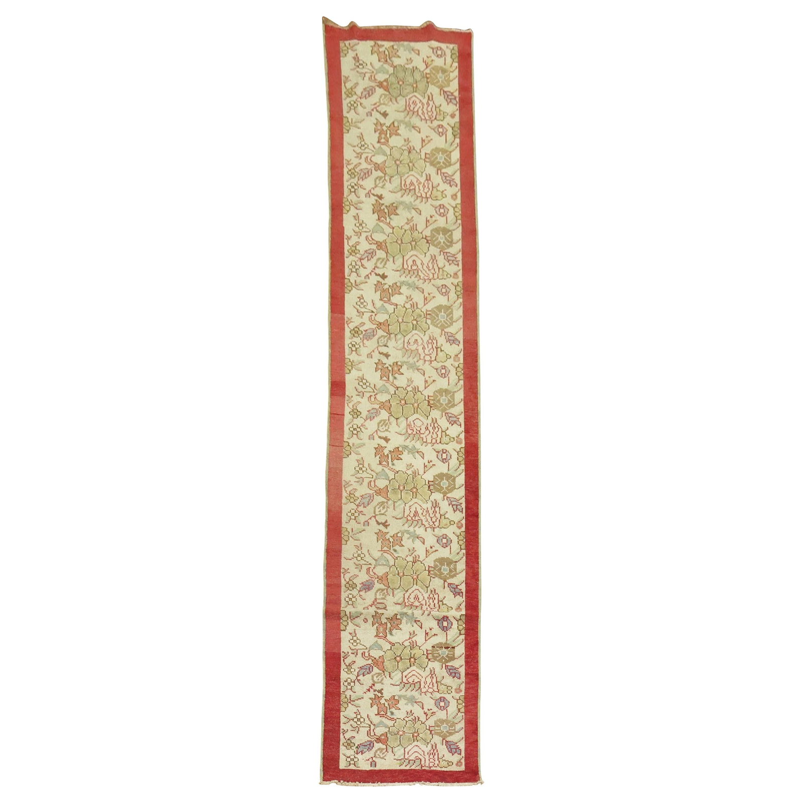 Ivory Turkish Wool Runner with Red Border 26 x 128: Ivory Turkish Wool Runner with Red Border 26 x 128 This vintage Turkish runner from the 20th century features a romantic hand-knotted wool construction. The narrow design showcases a floral motif on a