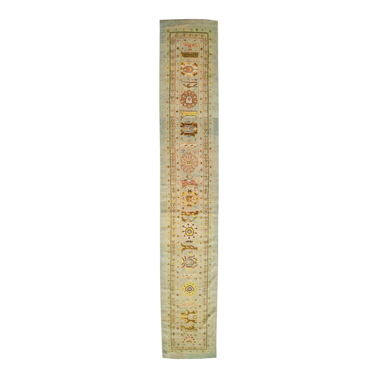 Mid-Century Modern Handmade Wool Runner Floral Motif Beige-Blue: Mid-Century Modern Handmade Wool Runner Floral Motif Beige-Blue This striking Mid-Century Modern style runner is a stunning addition to any space, inspired by 19th-century regional artisans. Handcraft
