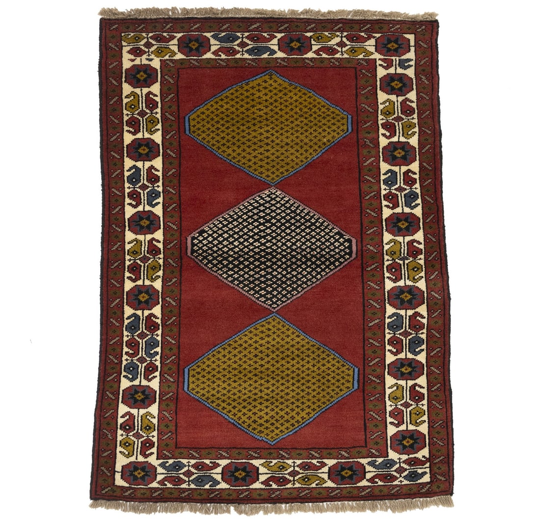 Vintage Wool Tribal Geometric Hand-Knotted Rug 4'0 x 5'9 Area Carpet: Vintage Wool Tribal Geometric Hand-Knotted Rug 4'0 x 5'9 Area Carpet This vintage hand-knotted Oriental rug features a geometric tribal pattern in a rich palette of red, cream, golden yellow, charcoal