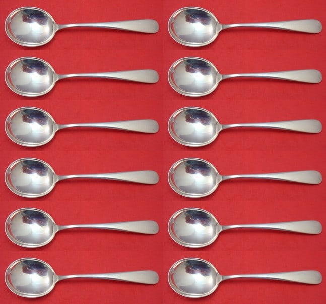 Kirk Old Maryland Plain Sterling Silver Cream Soup Spoon Set of 12: Kirk Old Maryland Plain Sterling Silver Cream Soup Spoon Set of 12 This exquisite set includes 12 cream soup spoons, each measuring 6 1/4 inches, crafted from high-quality sterling silver. The spoons 