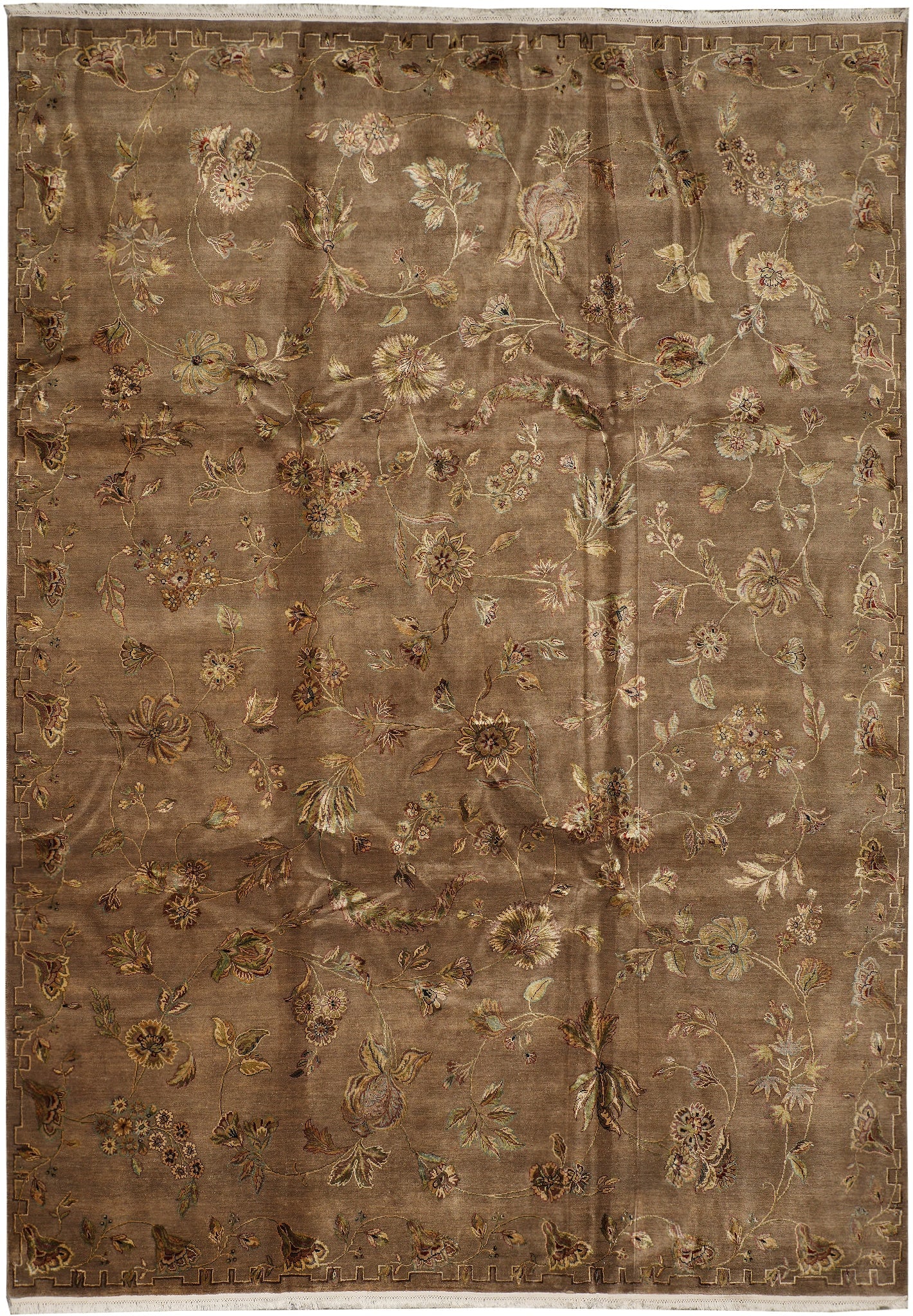 8.8 x 12 Wool and Silk Transitional Hand-Knotted Rug: 8.8 x 12 Wool and Silk Transitional Hand-Knotted Rug Free continental US Shipping This transitional hand-knotted rug is made of wool and silk and measures 8.8 x 12. It is described as being in perfect
