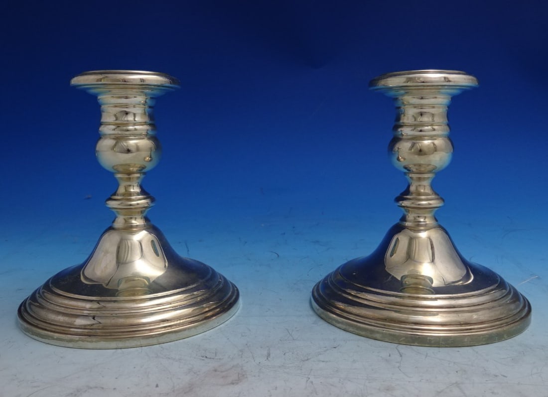 Gorham Old French Sterling Silver Candlestick Pair 4 3/8" High: Gorham Old French Sterling Silver Candlestick Pair 4 3/8" High Enhance your table decor with this exquisite pair of Old French by Gorham sterling silver candlesticks. Featuring a classic design remini