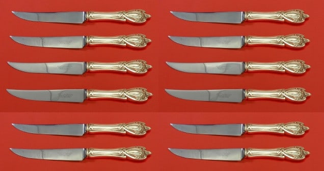Lunt Monticello Sterling Silver Steak Knife Set 12 pcs 8 1/2 in: Lunt Monticello Sterling Silver Steak Knife Set 12 pcs 8 1/2 in Elevate your dining experience with this exquisite custom set of 12 Monticello steak knives by Lunt. Each knife features a luxurious ste