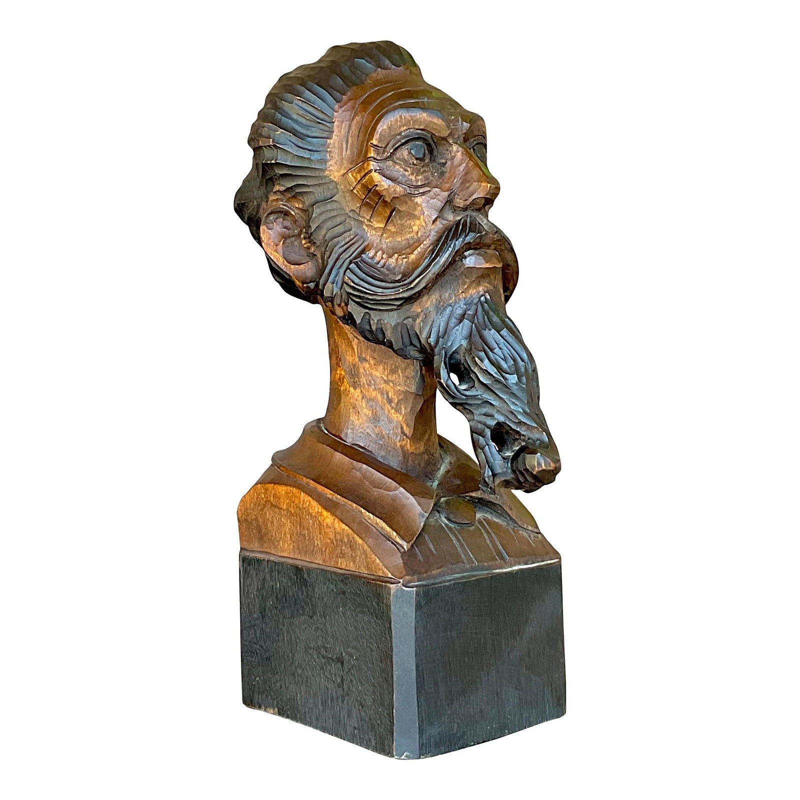 Vintage Boho Spanish Wood Carved Bust of Man 11" Tall: Vintage Boho Spanish Wood Carved Bust of Man 11" Tall Enhance your decor with this Vintage Boho Spanish Carved Bust of a Man. This meticulously crafted piece features intricate details and a rich coff