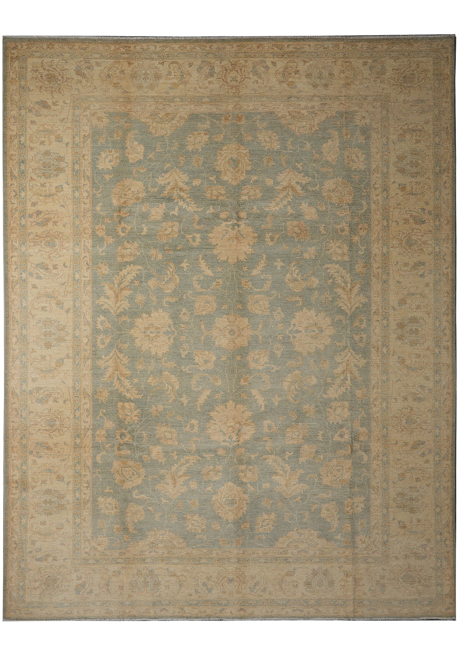 9.1 x 11.9 Zigler Chobi Peshawar Hand-Knotted Wool Rug: 9.1 x 11.9 Zigler Chobi Peshawar Hand-Knotted Wool Rug Free continental US Shipping This hand-knotted area rug features a Zigler Chobi pattern with muted teal blue, soft green, warm gold, and neutral 