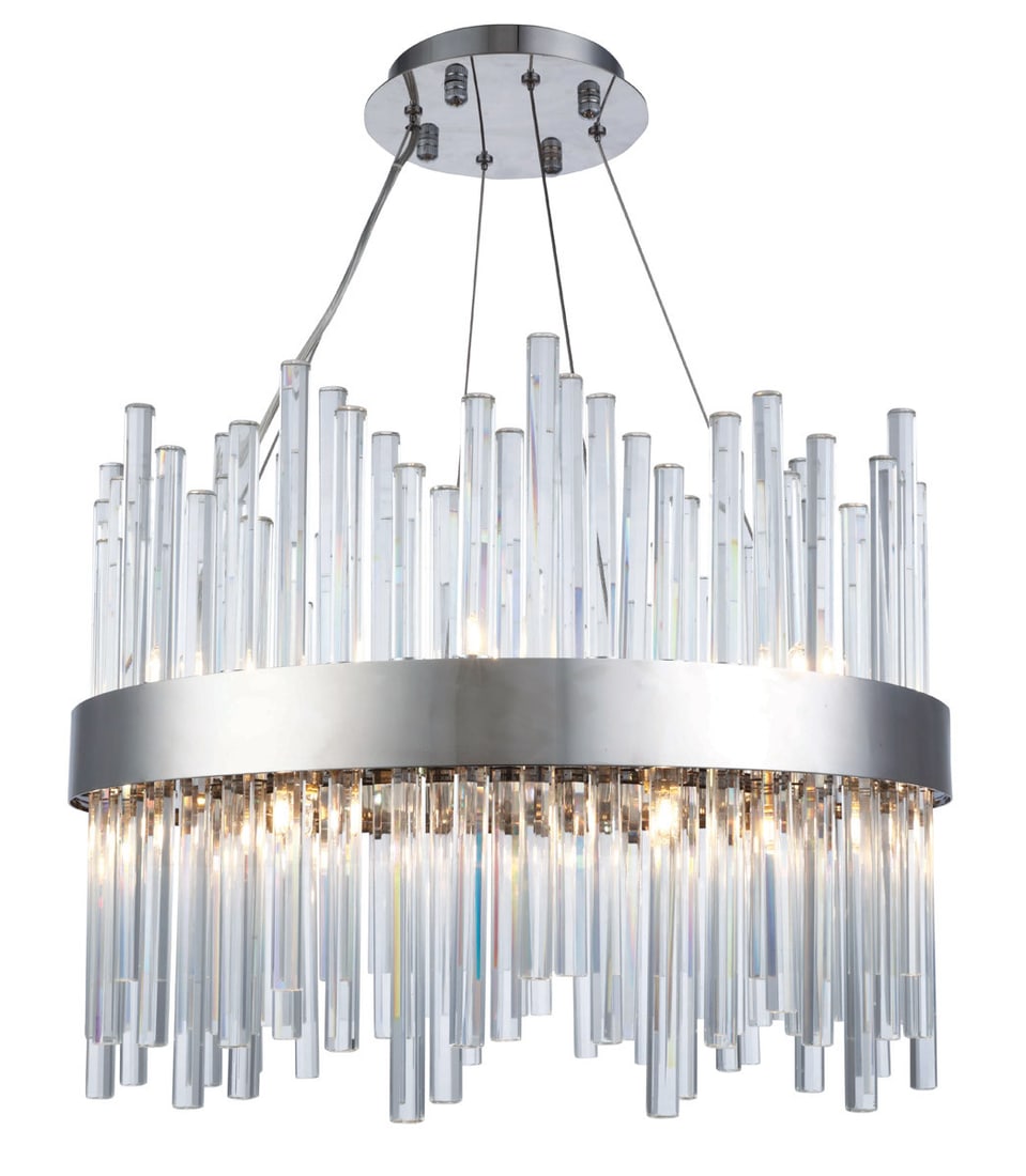 14 Light Chrome Crystal Chandelier Dallas 20 Inch: 14 Light Chrome Crystal Chandelier Dallas 20 Inch This modern Art Deco-inspired chandelier features 14 lights and a polished chrome finish, complemented by glass rods and royal cut clear crystal accen