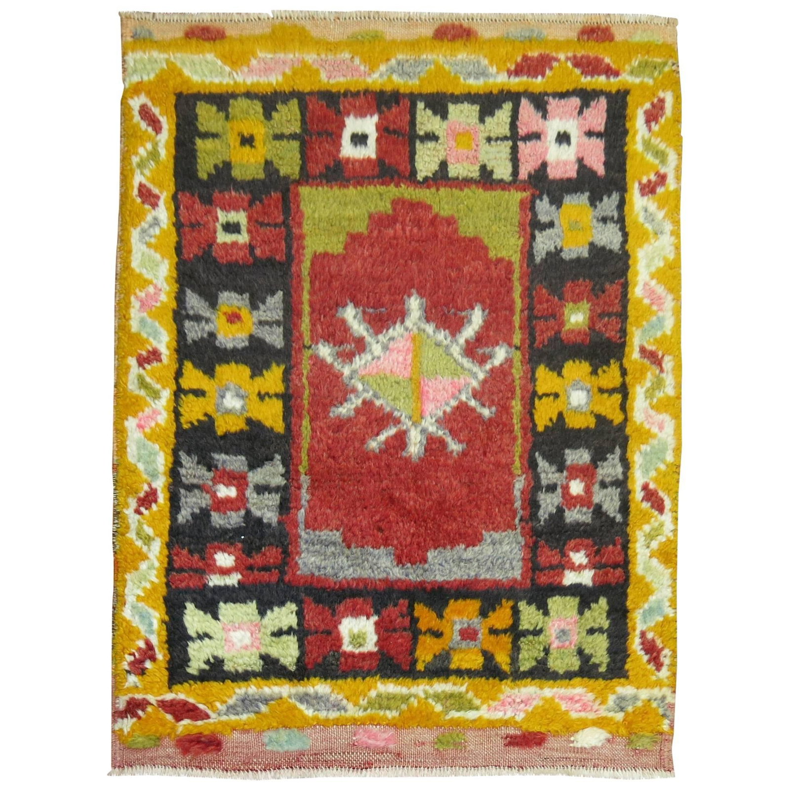 Bohemian Turkish Konya Wool Hand Woven Square Rug: Bohemian Turkish Konya Wool Hand Woven Square Rug This vintage Turkish Konya rug features a small, square throw size and showcases a floral medallion with a decorative border. Hand-woven from wool in 