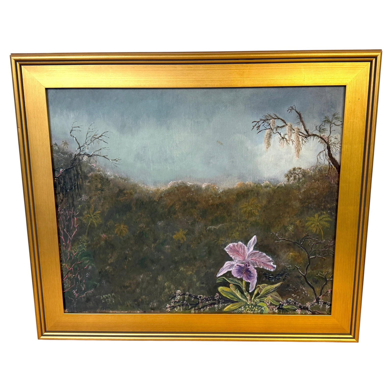 Irmam signed oil on canvas after Martin Johnson Heade orchid landscape (1 of 12)