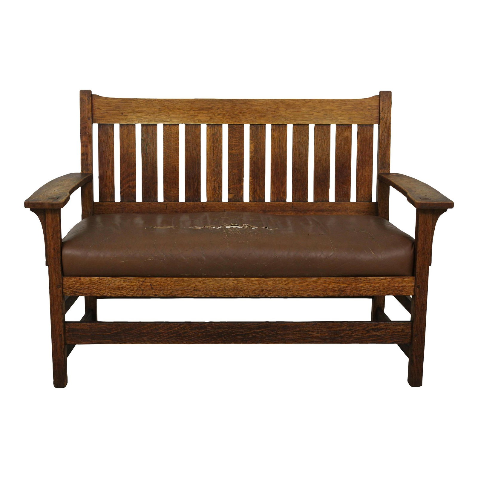 Antique Mission Oak Settee Bench Stickley Attributed 1900-1910: Antique Mission Oak Settee Bench Stickley Attributed 1900-1910 This exquisite Antique Stickley Attributed Mission Oak Settee Bench, crafted between 1900 and 1910, showcases high-quality construction a