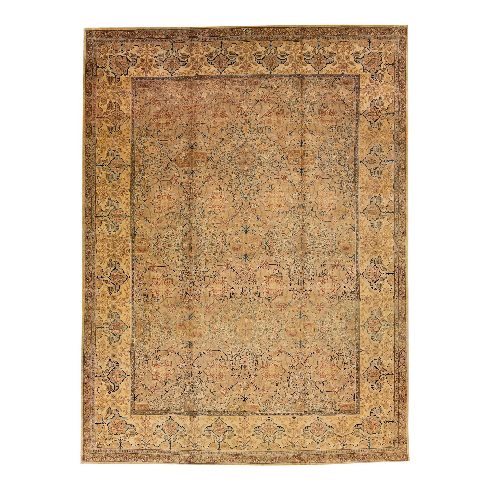 Antique Tabriz Oversize Wool Rug 12'8 x 16'11 Tan Rosette Design: Antique Tabriz Oversize Wool Rug 12'8 x 16'11 Tan Rosette Design Discover the elegance of this antique Tabriz rug, expertly hand-knotted from high-quality wool. Featuring a warm tan field adorned with