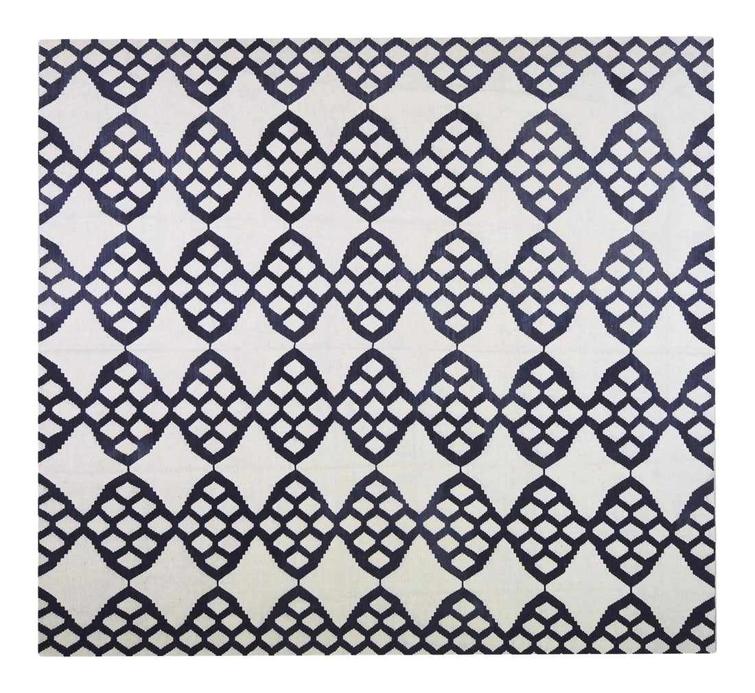 8'8 x 9'4 Moroccan Kilim Rug Handwoven Organic Wool Natural Colors: 8'8 x 9'4 Moroccan Kilim Rug Handwoven Organic Wool Natural Colors This vintage Moroccan kilim is hand woven using organic wool and natural colors, featuring a fine weave in a black hue. Its modern de