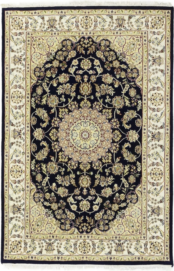 Hand-Knotted Wool Floral Indo-Nain Area Rug 4'1 x 6'1 Dark Medallion Design: Hand-Knotted Wool Floral Indo-Nain Area Rug 4'1 x 6'1 Dark Medallion Design This handmade Indo-Nain rug features a classic floral medallion pattern in a dark navy palette with accents of cream, buff, 