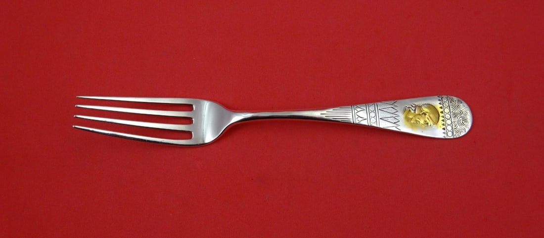 Shiebler Medallion Etruscan sterling luncheon fork 7 1 4 inch: Shiebler Medallion Etruscan sterling luncheon fork 7 1 4 inch This is a Shiebler sterling silver luncheon fork in the Medallion, also known as Etruscan, pattern. The fork features three tines and a de