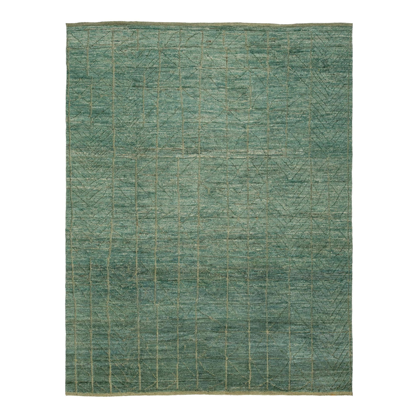 Hand-Knotted Moroccan Green Wool Rug with Geometric Design 9'1 x 11'4: Hand-Knotted Moroccan Green Wool Rug with Geometric Design 9'1 x 11'4 Enhance your living space with this exceptional hand-knotted Moroccan wool rug. Featuring a vibrant green background, this stunnin