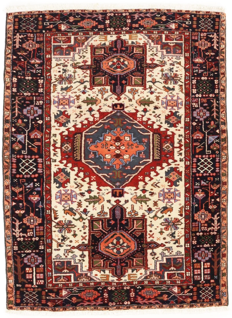 Hand-Knotted Wool Tribal Area Rug 4'9 x 6'7 Cream Geometric Vintage Design: Hand-Knotted Wool Tribal Area Rug 4'9 x 6'7 Cream Geometric Vintage Design This vintage hand-knotted Oriental rug features a geometric tribal design in cream, dark purple-navy, red, peach, and orange 