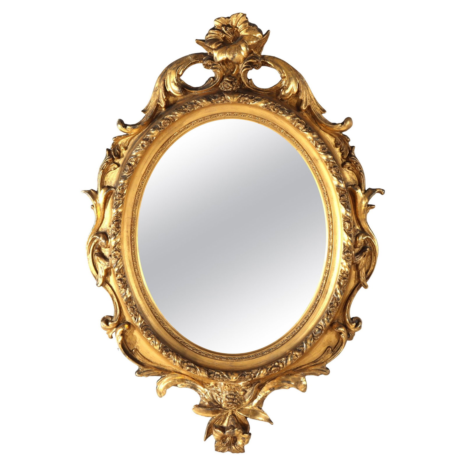 Late 19th Century Giltwood Oval Mirror with Rocaille and Floral Carving (1 of 8)