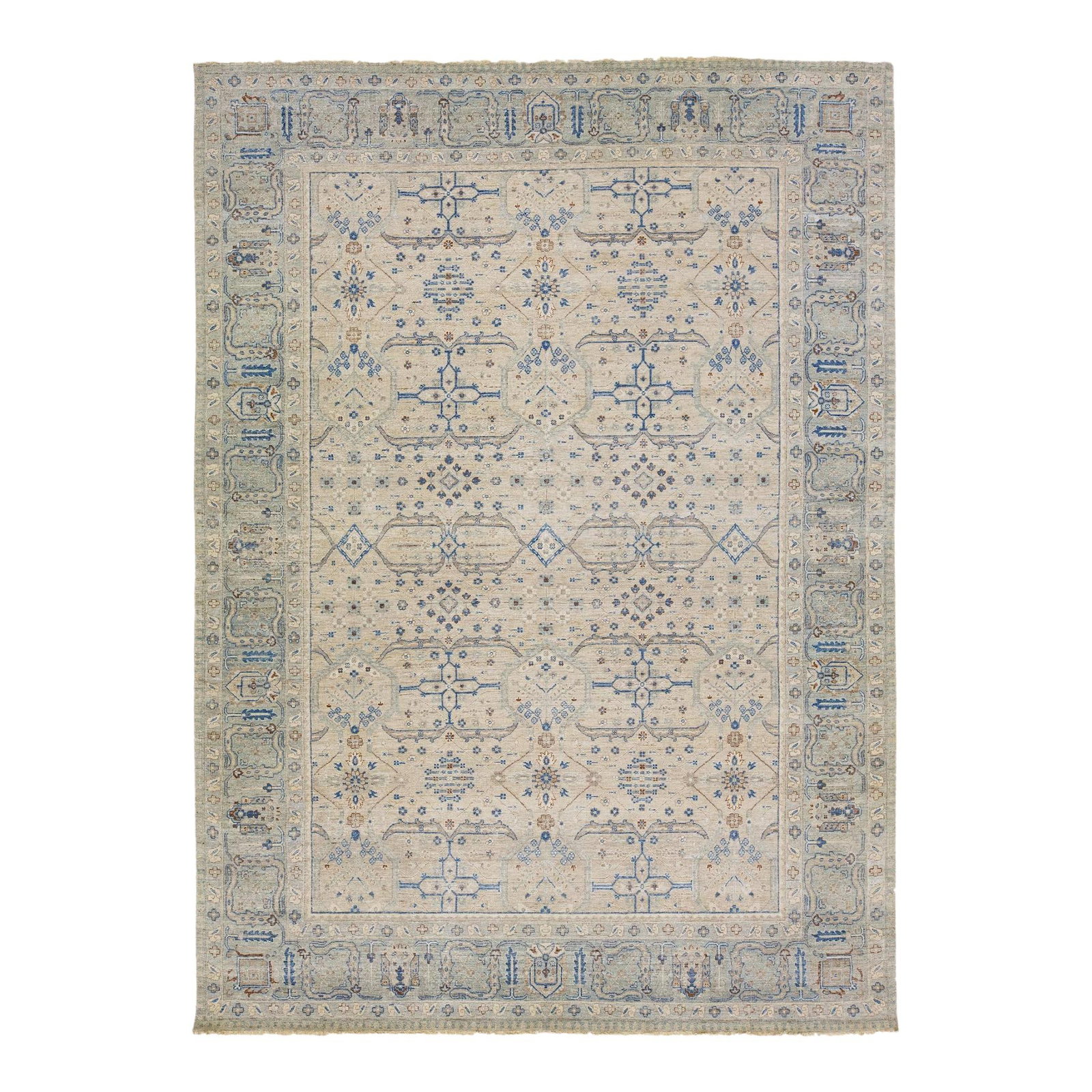 Beige Geometric Wool Rug 9'10 x 13'7 Handmade: Beige Geometric Wool Rug 9'10 x 13'7 Handmade Transform your living space with this exquisite beige modern Indian handmade geometric wool rug from the Artisan Line. This rug reimagines the antique aes