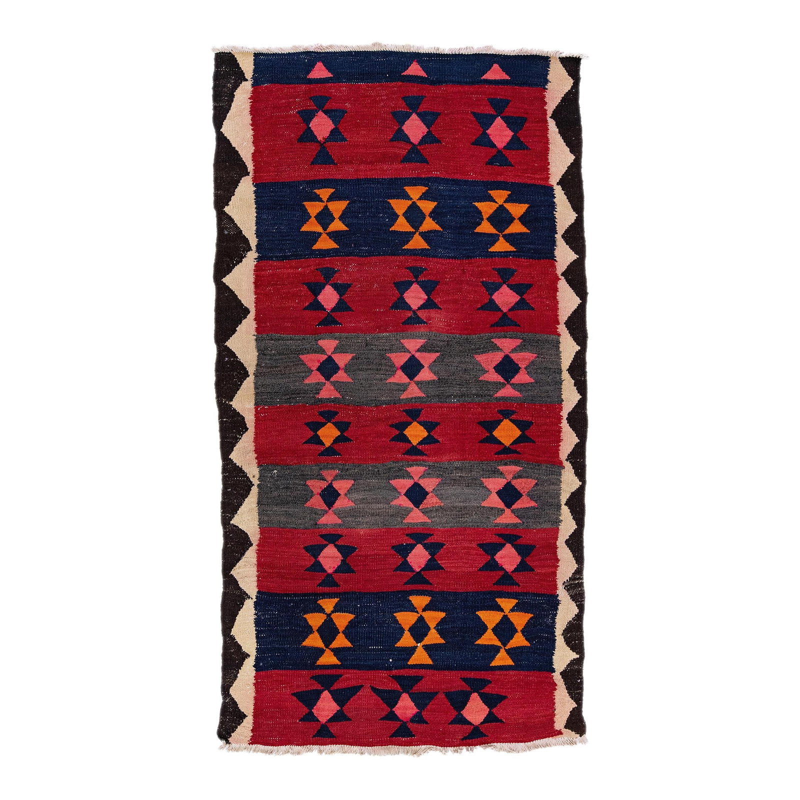 1960s Turkish Kilim Handmade Wool Rug Red Geometric Design 4'5 x 8'5: 1960s Turkish Kilim Handmade Wool Rug Red Geometric Design 4'5 x 8'5 This stunning vintage Turkish Kilim rug showcases exquisite hand-knotting in rich wool, featuring a vibrant red field complemented 