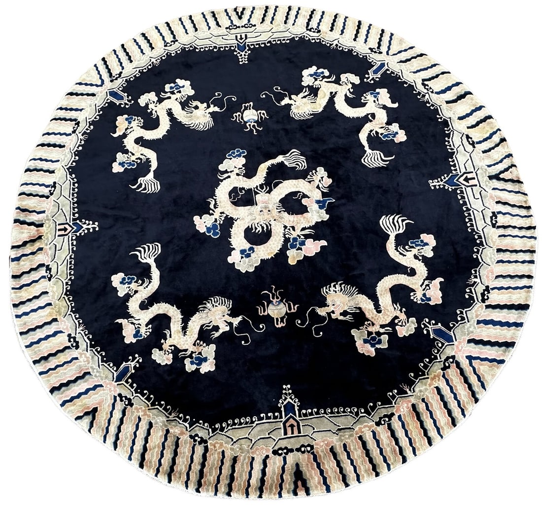 Round Chinese Peking Dragon Wool Area Rug 8x8ft Art Deco: Round Chinese Peking Dragon Wool Area Rug 8x8ft Art Deco This is a round, antique Chinese Art Deco rug featuring a striking dragon and geometric design. Hand-knotted in Peking, China, the rug is craft