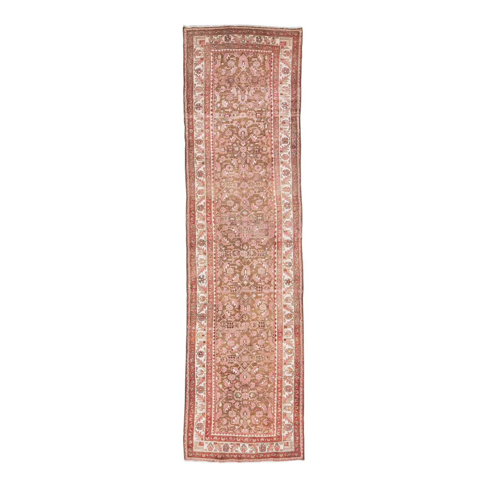 1960s Vintage Persian Hamadan Handmade Wool Runner 3'6 x 13'2: 1960s Vintage Persian Hamadan Handmade Wool Runner 3'6 x 13'2 This stunning vintage Persian Hamadan runner showcases exquisite hand-knotting with a rich brown field. The design features a beige frame 