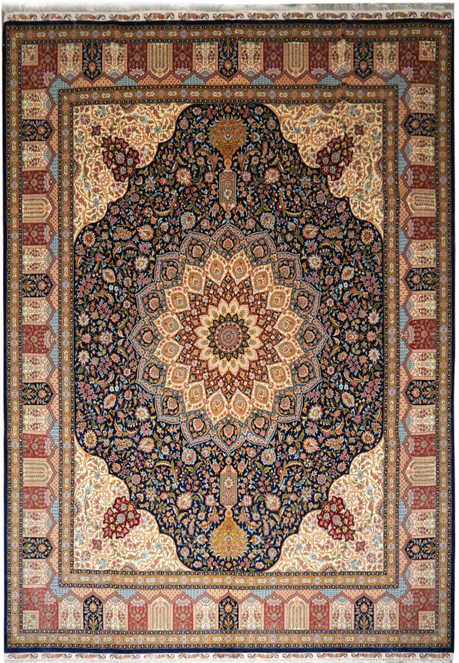 8 x 10 Hand-Knotted Tabriz Silk Rug Persian Detailed Floral Design: 8 x 10 Hand-Knotted Tabriz Silk Rug Persian Detailed Floral Design Free continental US Shipping This 8 x 10 hand-knotted Tabriz rug is crafted entirely from fine silk, showcasing intricate Persian art