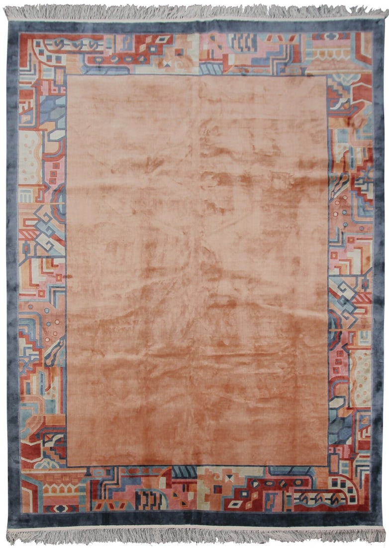 Hand Knotted Chinese Silk Area Rug Pink Art Deco 7 x 10: Hand Knotted Chinese Silk Area Rug Pink Art Deco 7 x 10 This rare vintage Art Deco area rug from China is hand-knotted from 100% silk, featuring a soft pink color palette with Art Nouveau motifs and g